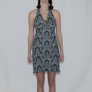 Y2k paisley print halter dress blue brown size medium xhilaration polyester